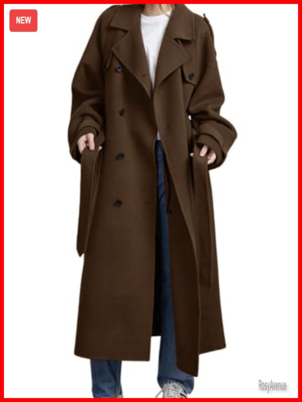 Wool Blend Midi Double Breasted Winter Trench Coat with Belt